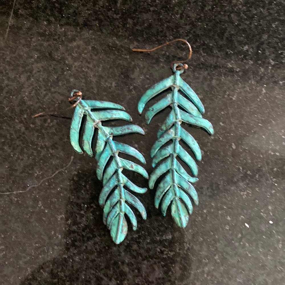 Patina colored feather earrings,